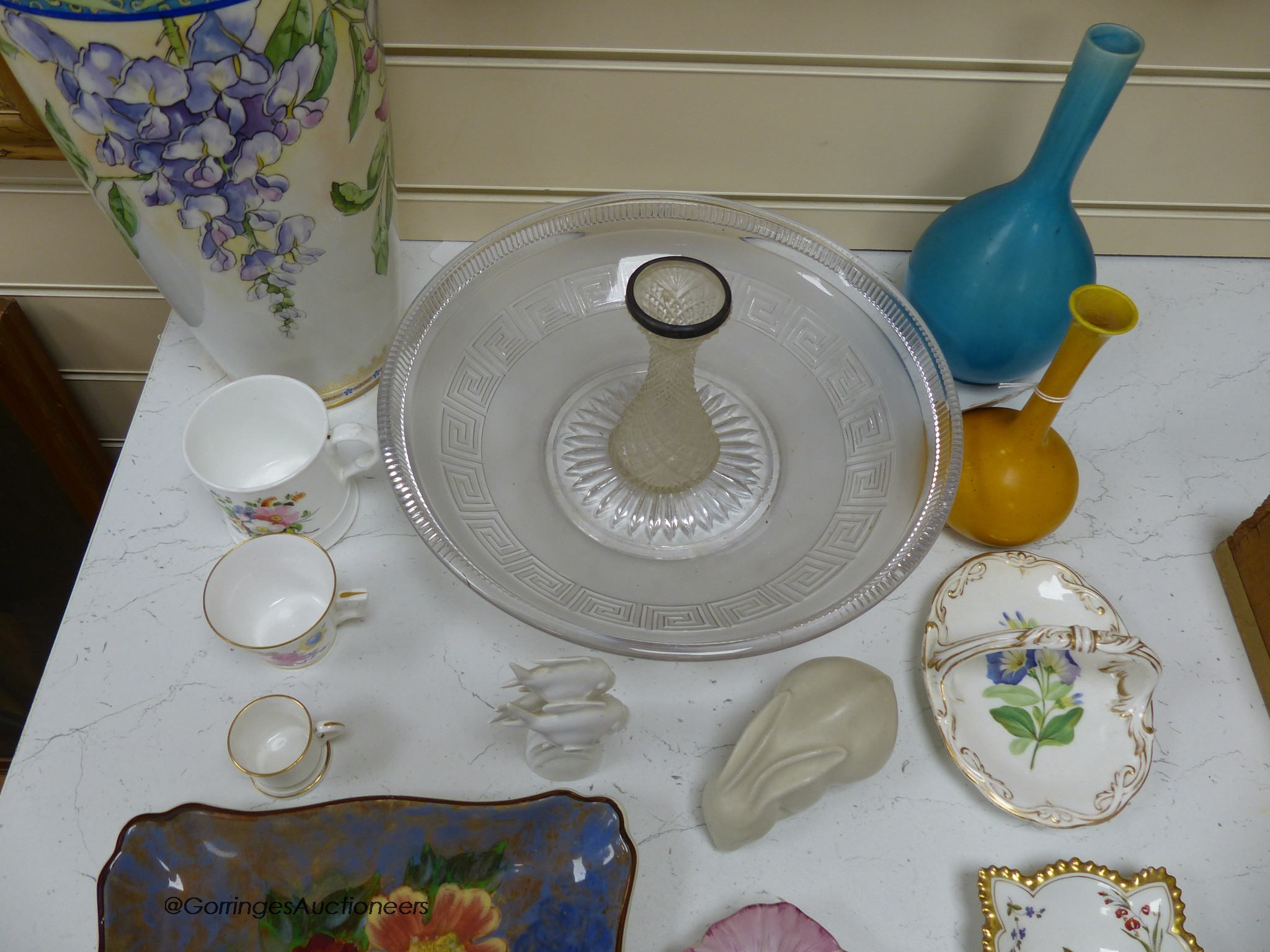 A collection of mixed European ceramics, including a Meissen white glaze model of fish, a glass dish and a vase